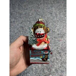 SOCK MONKEY Christmas ornament blown glass Glitter Tree Bow Winter Wonderland